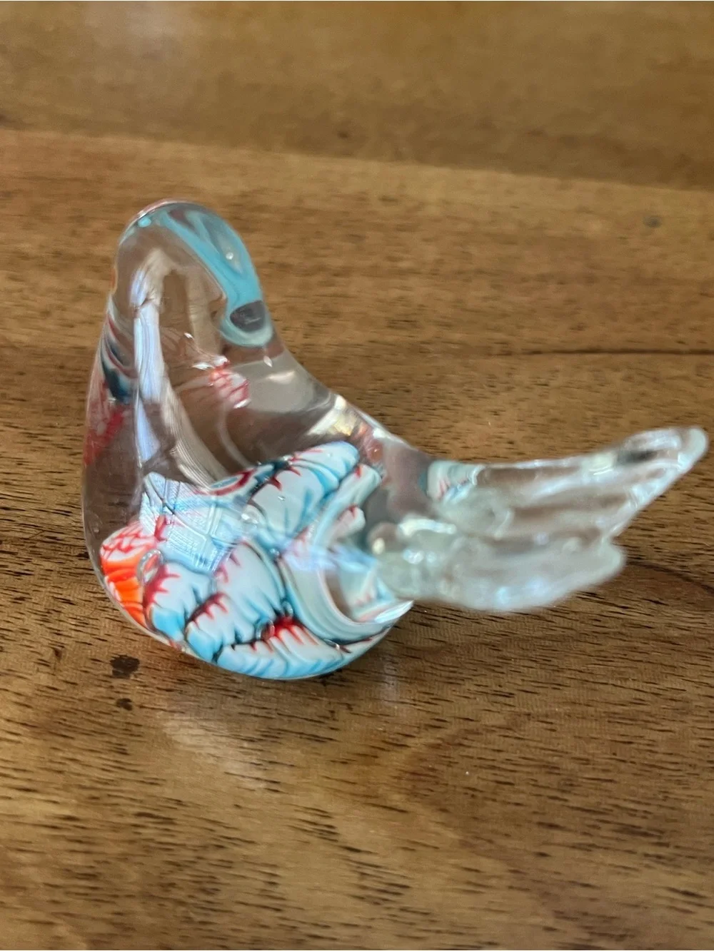 Clear Glass Decorative Bird Figurine with Blue and Red Accents